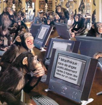 Groupe de chimpanzés tapant des listes sur des ordinateurs. Sur un des écrans: «Listopithèque: race de singes particulièrement aptes à taper des listes sur un clavier».