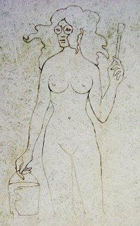 Photo d'un dessin figurant sur une tombe, représentant une femme nue, chevelure ébouriffée, lunette ronde, un pot de peinture à la main droite et un pinceau à la main gauche